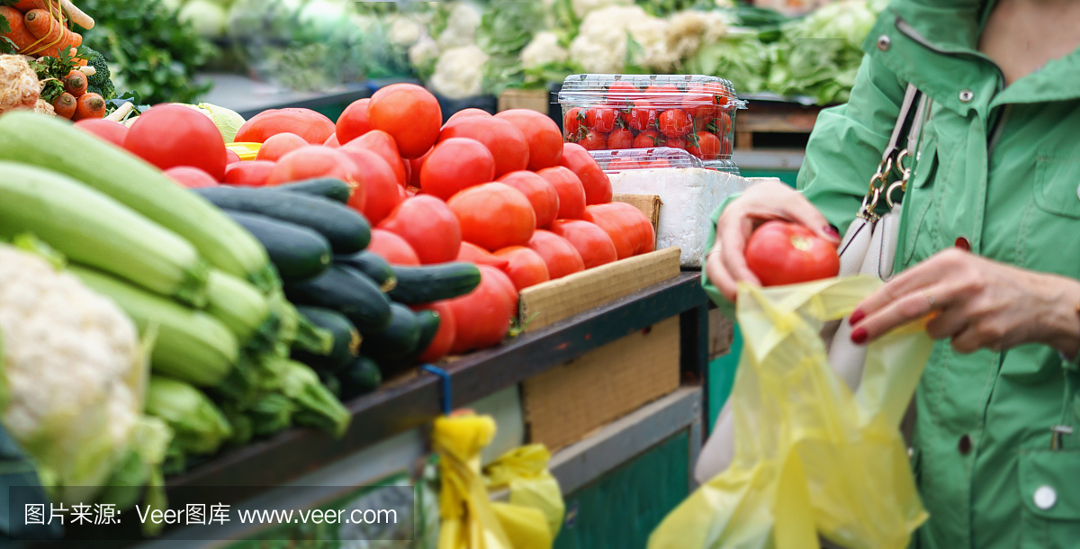 在绿色市场或农贸市场销售新鲜和有机蔬菜,黄瓜,西葫芦,西红柿。市民购买者选择和购买健康食品产品。一切为了饮食健康饮食,生活方式。